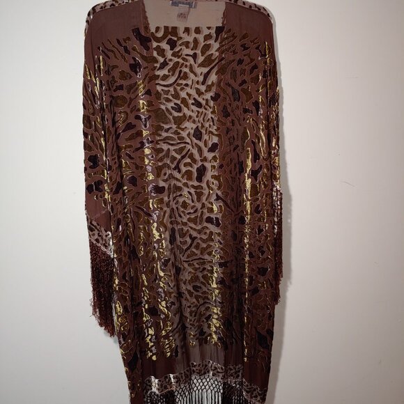Simply Silk Fringe Burnout Velvet Maxi Kimono Cardigan Women Plus Size Brown - Picture 6 of 9